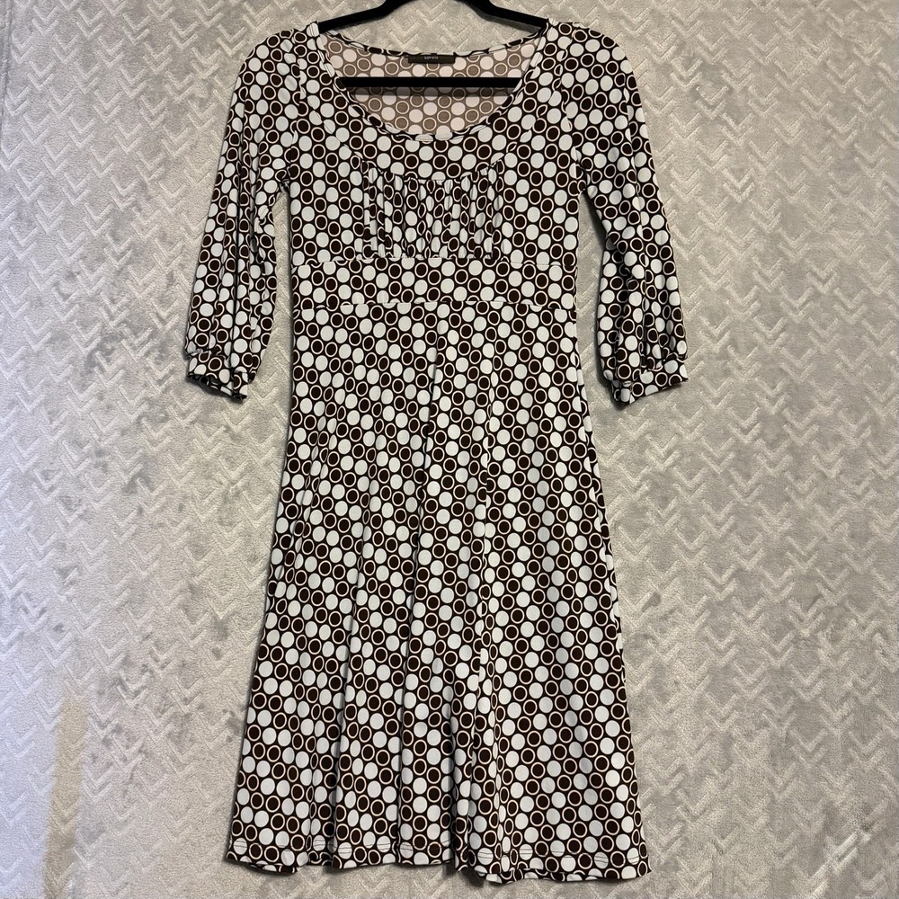 Vtg Soprano Fit Flare Dress Brown Blue Polka Dot Geometric Retro Mod Stretch Sm